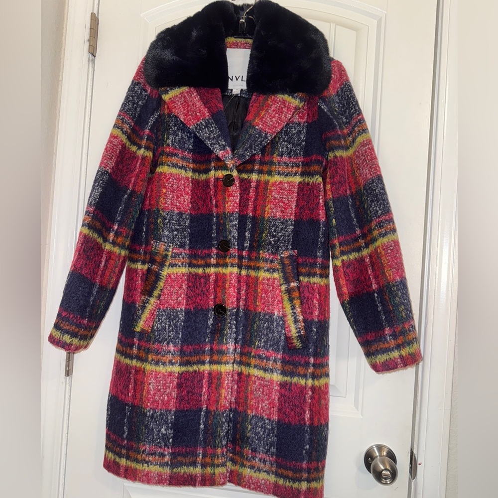 Anthropology NVLT Navy and Red Plaid Coat with Faux fur Collar new! - Picture 8 of 13